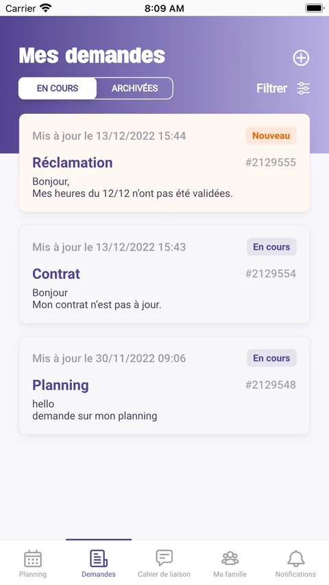 Application mobile — suivi des demandes et réclamations