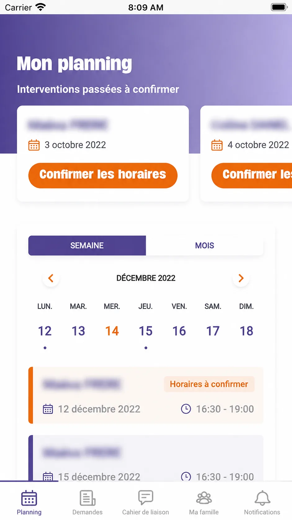 Application mobile — planning de l'intervenant avec confirmation des horaires