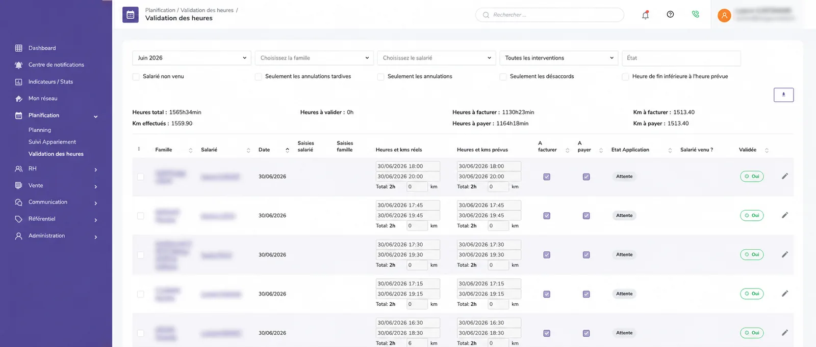 Écran de validation des heures KAIZEN : totaux d'heures à facturer et à payer, contrôles ligne par ligne